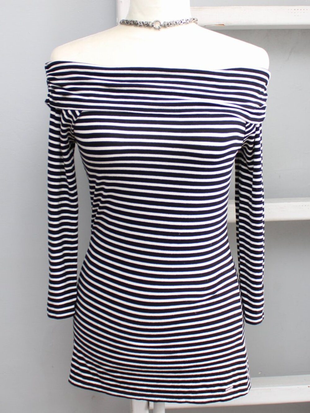 White House Black Market Off the Shoulder Black White Stripe 3/4 Sleeve Top XXS